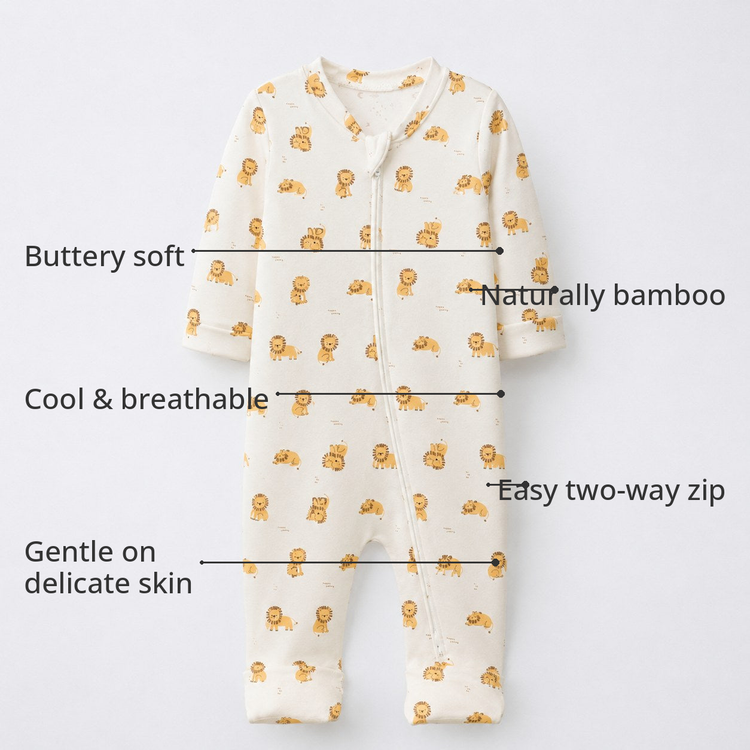 Little Lion Bamboo Baby Sleepsuit – Zip Romper Onesie Combo – features