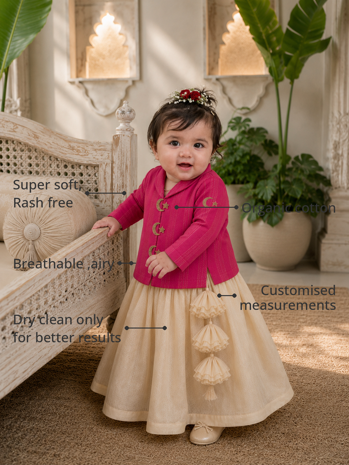 Anaario Magenta Moon-Star Jacket-Lehenga Set features - organic cotton, super soft and rash free, breathable, dry clean only, customised measurements