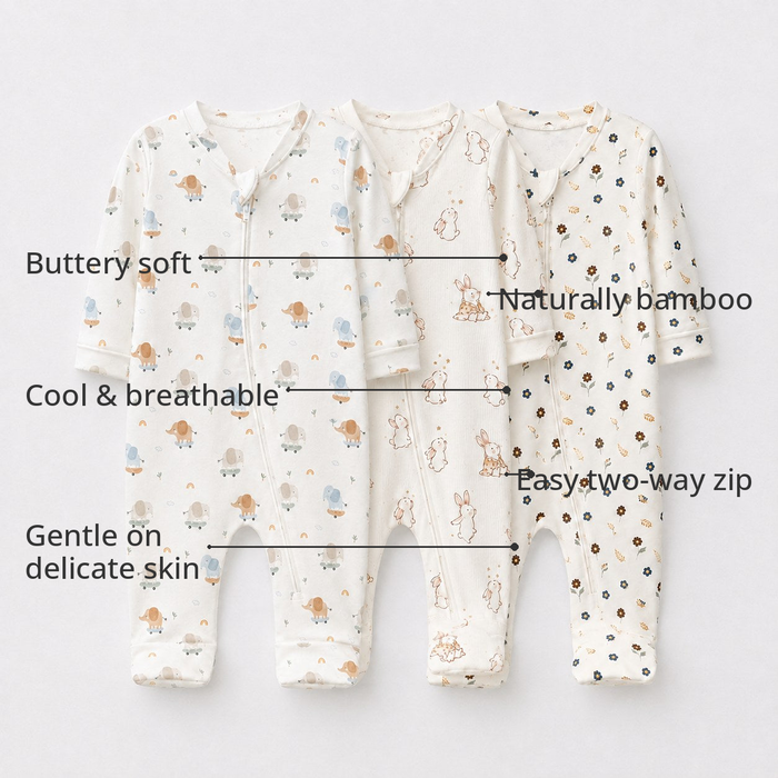 Mini Elephant Bamboo Baby Sleepsuit – Zip Romper Onesie Combo – features