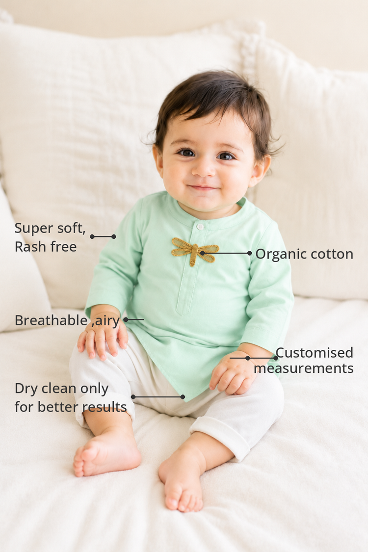 Anaario Mint Dragonfly Kurta Set features - organic cotton, super soft and rash free, breathable, dry clean only, customised measurements