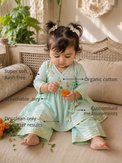 Anaario Mint Flamingo Angrakha Set features - organic cotton, super soft and rash free, breathable, dry clean only, customised measurements