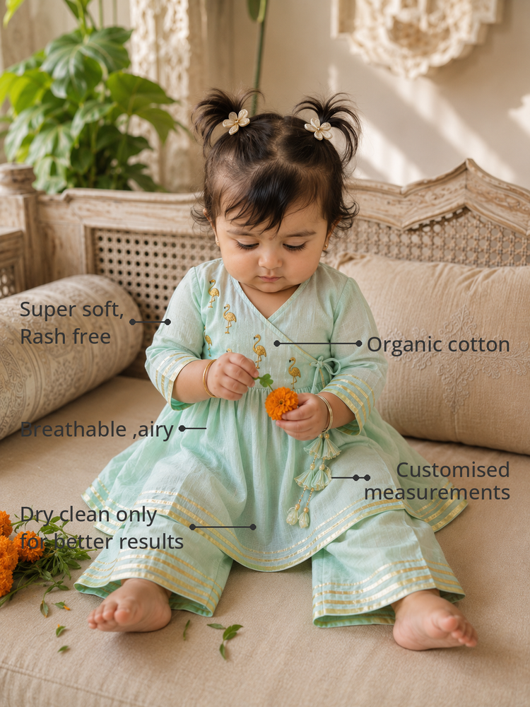 Anaario Mint Flamingo Angrakha Set features - organic cotton, super soft and rash free, breathable, dry clean only, customised measurements