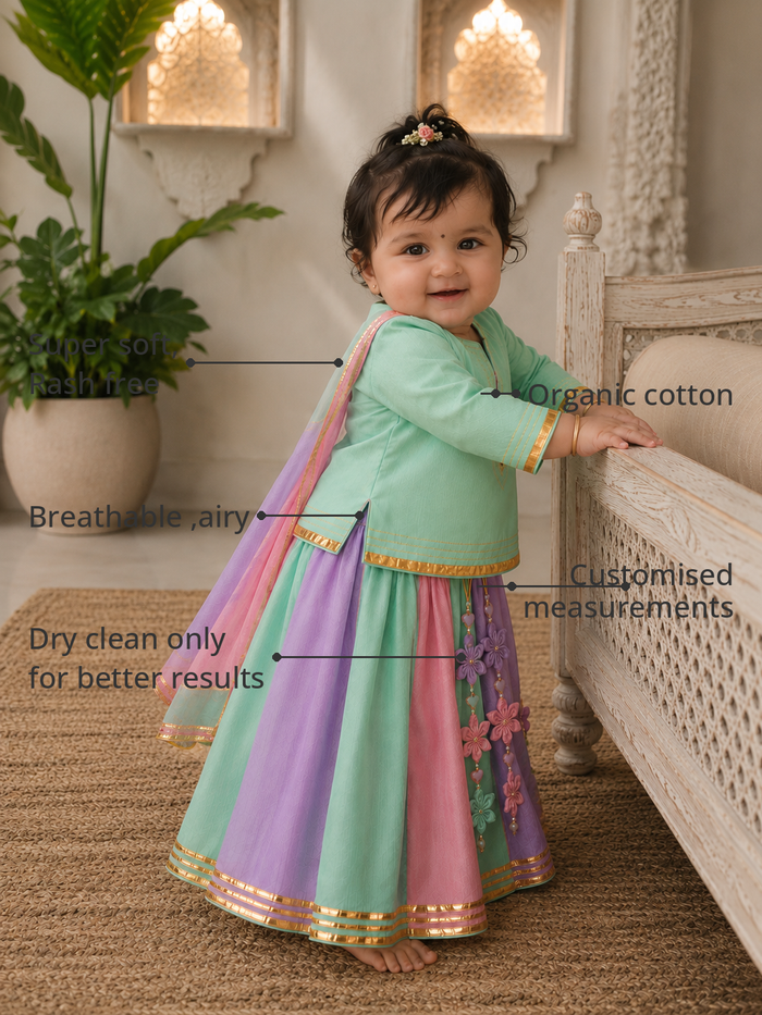 Anaario Mint Lilac Pink Lehenga Set features - organic cotton, super soft and rash free, breathable, dry clean only, customised measurements