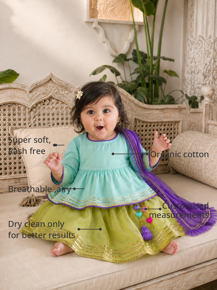 Anaario Mint Peplum Lehenga Set features - organic cotton, super soft and rash free, breathable, dry clean only, customised measurements