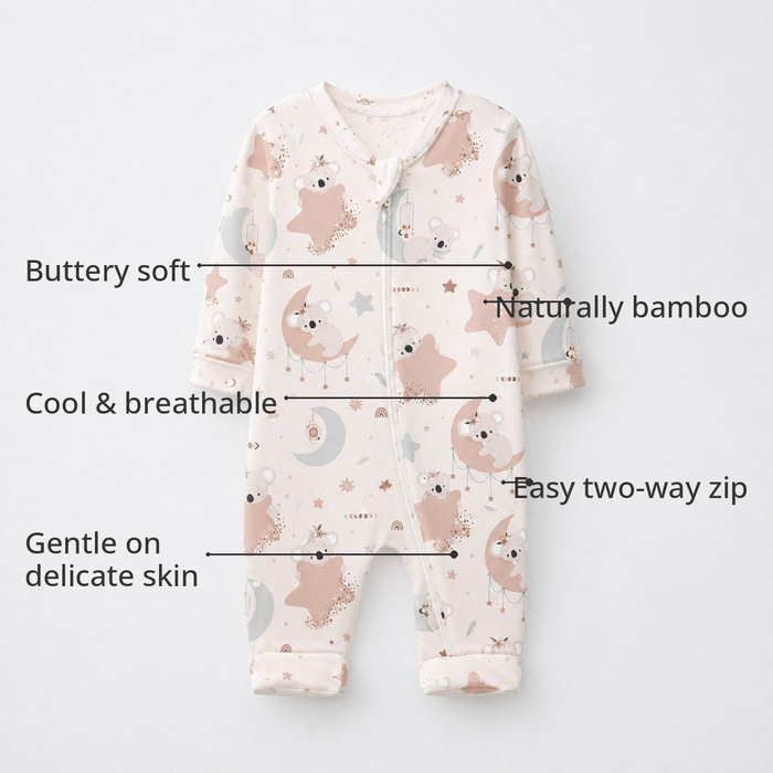 Moon & Teddy Bamboo Baby Sleepsuit – Zip Romper Onesie Combo – features