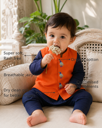 Anaario Navy Bird Waistcoat Kurta features - organic cotton, super soft and rash free, breathable, dry clean only, customised measurements