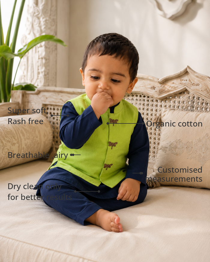 Anaario Navy Dragonfly Waistcoat Kurta features - organic cotton, super soft and rash free, breathable, dry clean only, customised measurements