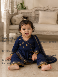 Anaario Navy Moon-Star Angrakha Set features - organic cotton, super soft and rash free, breathable, dry clean only, customised measurements