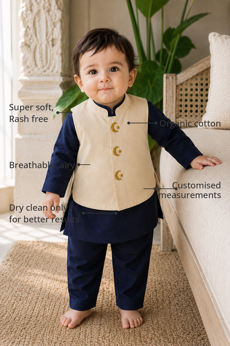 Anaario Navy Moon-Star Waistcoat Kurta Set features - organic cotton, super soft and rash free, breathable, dry clean only, customised measurements