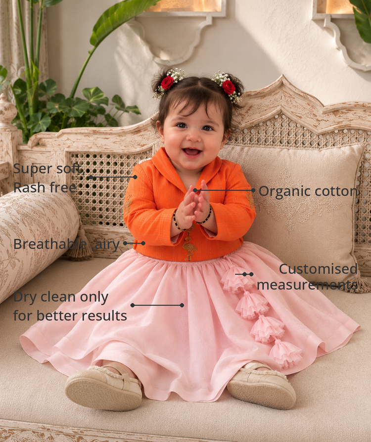 Anaario Orange Flamingo Jacket-Lehenga Set features - organic cotton, super soft and rash free, breathable, dry clean only, customised measurements