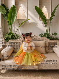 Anaario Orange Green Yellow Lehenga Set features - organic cotton, super soft and rash free, breathable, dry clean only, customised measurements