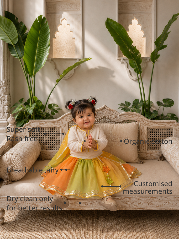 Anaario Orange Green Yellow Lehenga Set features - organic cotton, super soft and rash free, breathable, dry clean only, customised measurements