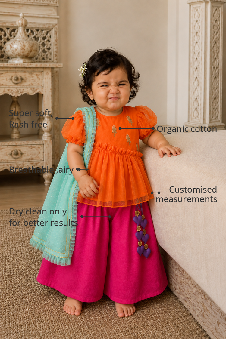 Anaario Orange Parrot Peplum Palazzo Set features - organic cotton, super soft and rash free, breathable, dry clean only, customised measurements