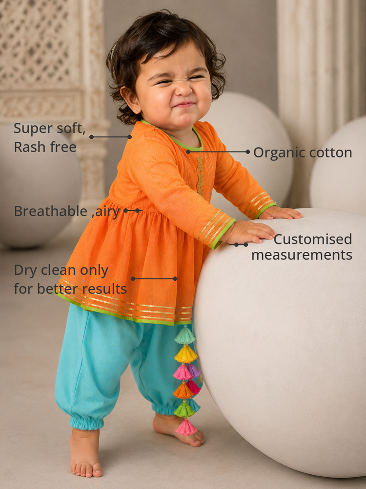 Anaario Orange Pintuck Patiala Salwar Set features - organic cotton, super soft and rash free, breathable, dry clean only, customised measurements