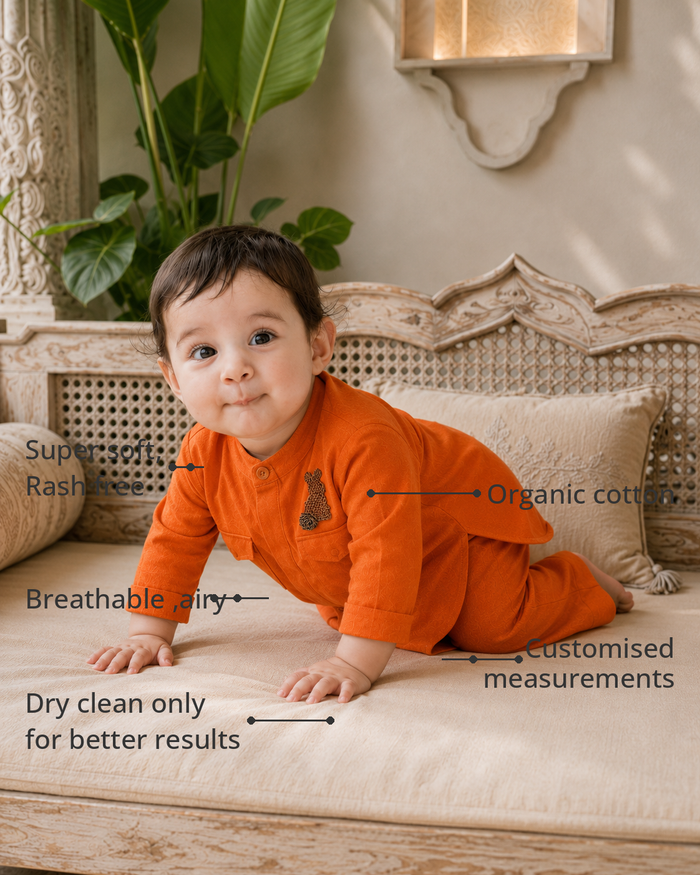 Anaario Orange Rabbit Oversized Kurta features - organic cotton, super soft and rash free, breathable, dry clean only, customised measurements