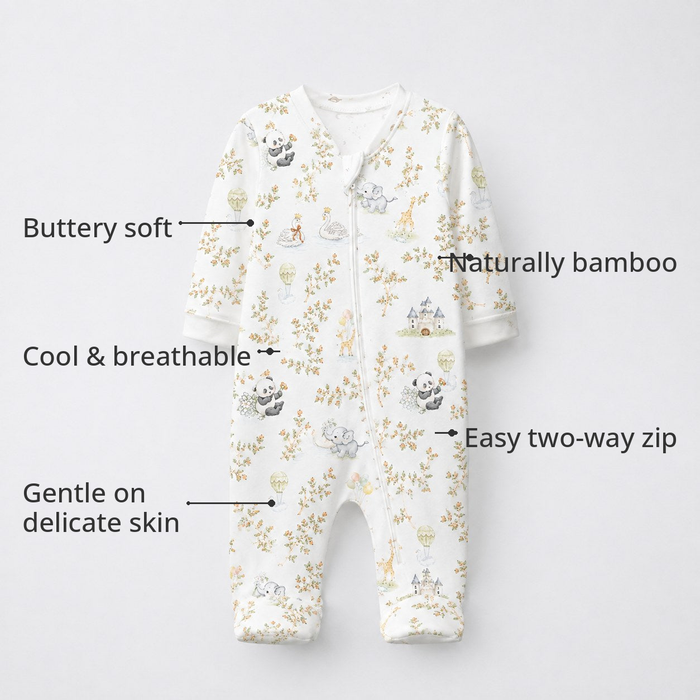 Panda Leaves Bamboo Baby Sleepsuit – Zip Romper Onesie – features