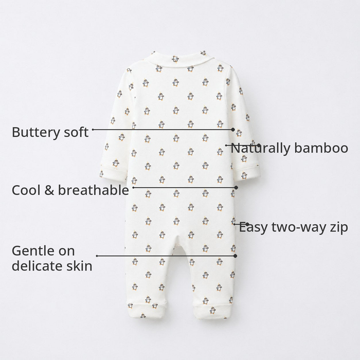 Penguin Bamboo Baby Sleepsuit – Zip Romper Onesie – features