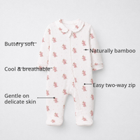 Pink Dino Bamboo Baby Sleepsuit – Zip Romper Onesie – features