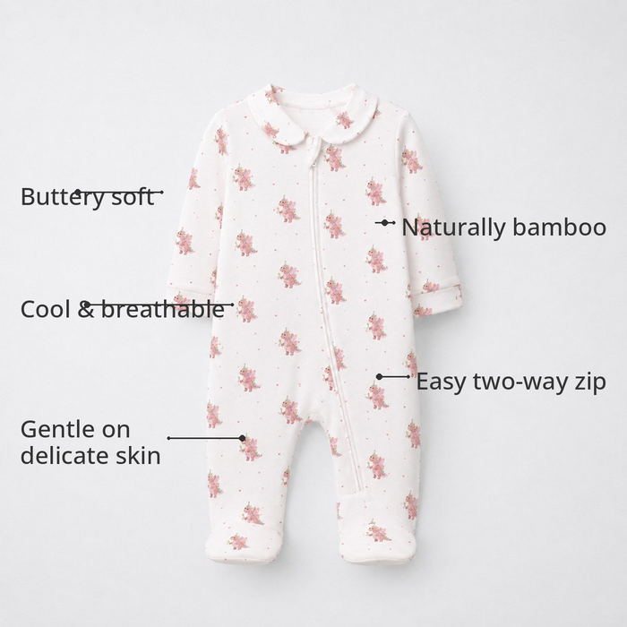 Pink Dino Bamboo Baby Sleepsuit – Zip Romper Onesie – features