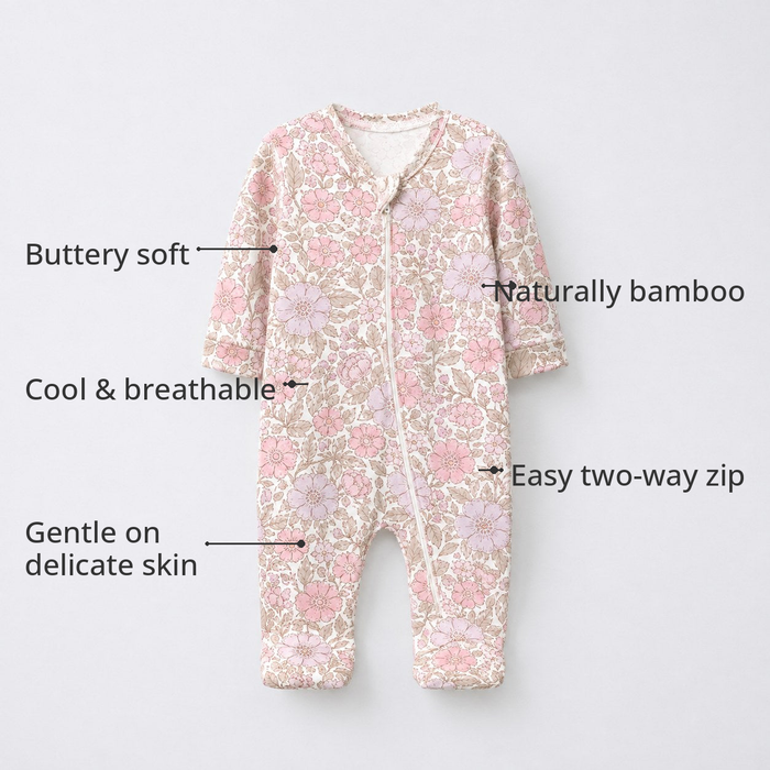 Pink Floral Bamboo Baby Sleepsuit – Zip Romper Onesie Combo – features