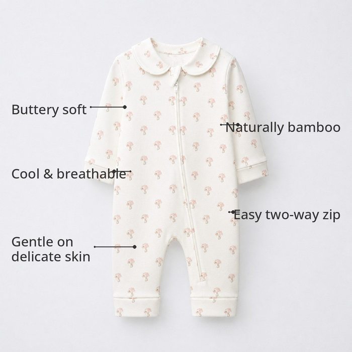 Pink Mushroom Bamboo Baby Sleepsuit – Zip Romper Onesie – features