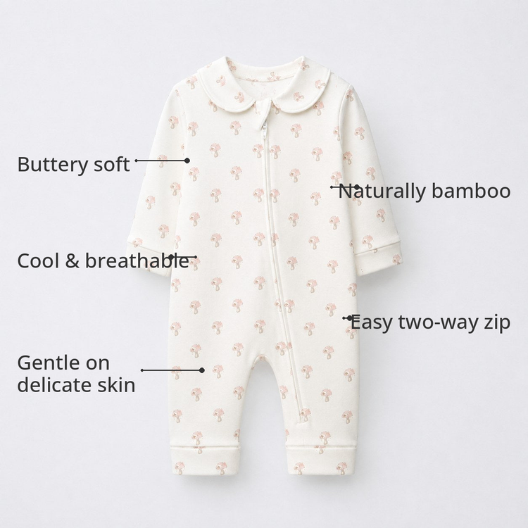 Pink Mushroom Bamboo Baby Sleepsuit – Zip Romper Onesie – features