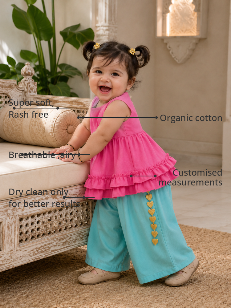 Anaario Pink Teal Palazzo Set features - organic cotton, super soft and rash free, breathable, dry clean only, customised measurements