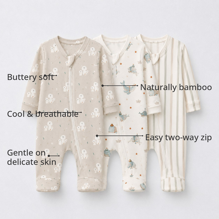 Puppy & Stripe Bamboo Baby Sleepsuit – Zip Romper Onesie Combo – features