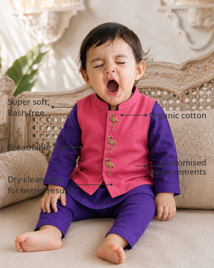 Anaario Purple Flamingo Waistcoat Kurta Set features - organic cotton, super soft and rash free, breathable, dry clean only, customised measurements