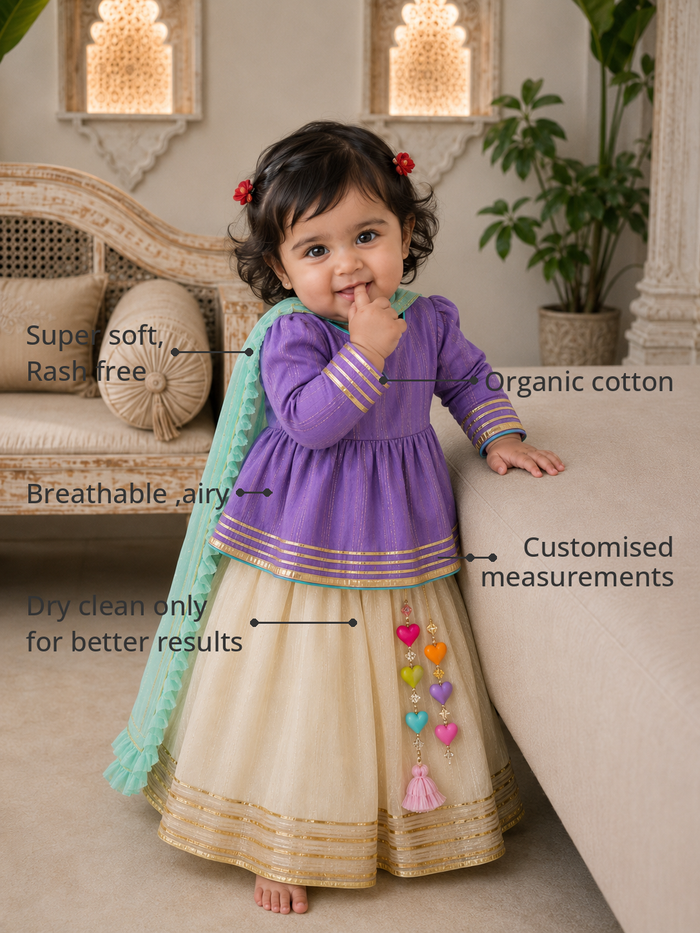 Anaario Purple Peplum Lehenga Set features - organic cotton, super soft and rash free, breathable, dry clean only, customised measurements