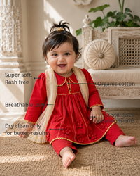 Anaario Red Anarkali Set features - organic cotton, super soft and rash free, breathable, dry clean only, customised measurements