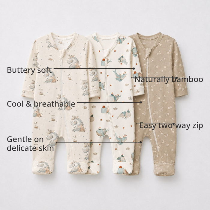 Rhino & Whale Bamboo Baby Sleepsuit – Zip Romper Onesie Combo – features