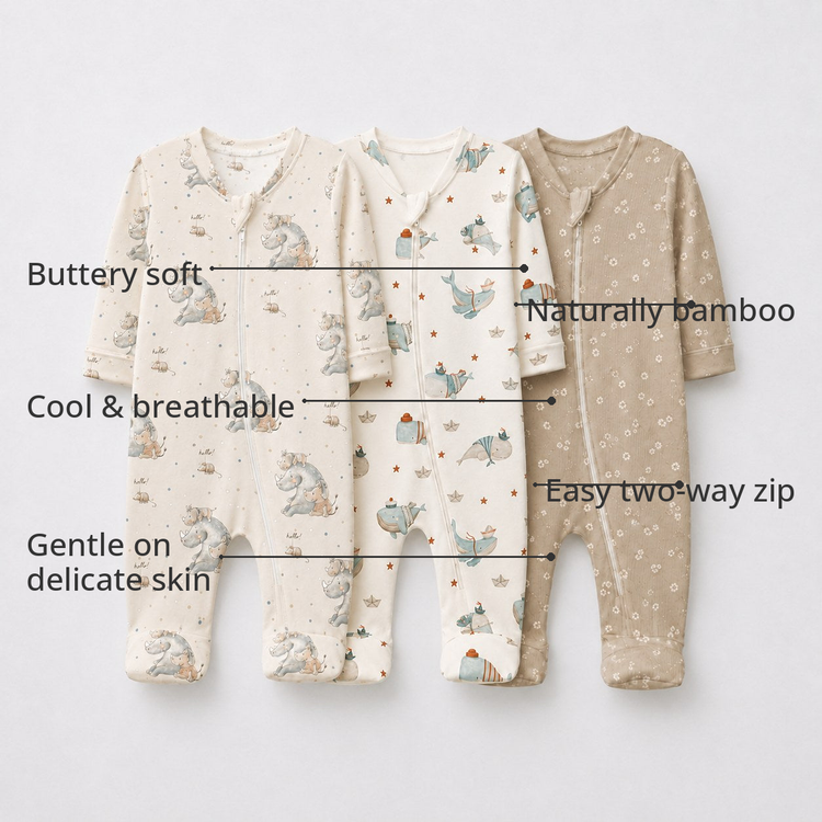 Rhino & Whale Bamboo Baby Sleepsuit – Zip Romper Onesie Combo – features