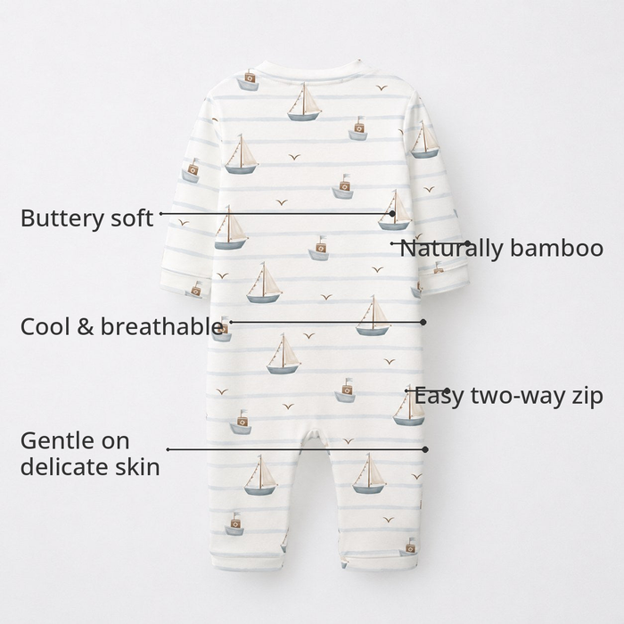 Sailboat & Friends Bamboo Baby Sleepsuit – Zip Romper Onesie Combo – features