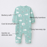 Sea-Green Animals Bamboo Baby Sleepsuit – Zip Romper Onesie Combo – features