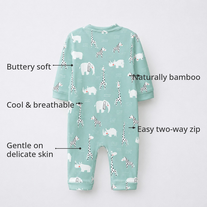 Sea-Green Animals Bamboo Baby Sleepsuit – Zip Romper Onesie Combo – features