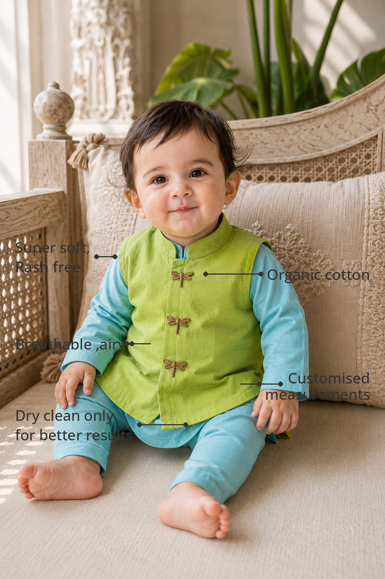 Anaario Sky Blue Dragonfly Waistcoat Kurta features - organic cotton, super soft and rash free, breathable, dry clean only, customised measurements