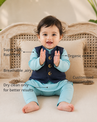 Anaario Sky Blue Moon-Star Waistcoat Kurta features - organic cotton, super soft and rash free, breathable, dry clean only, customised measurements