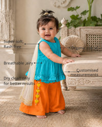 Anaario Teal Orange Palazzo Set features - organic cotton, super soft and rash free, breathable, dry clean only, customised measurements