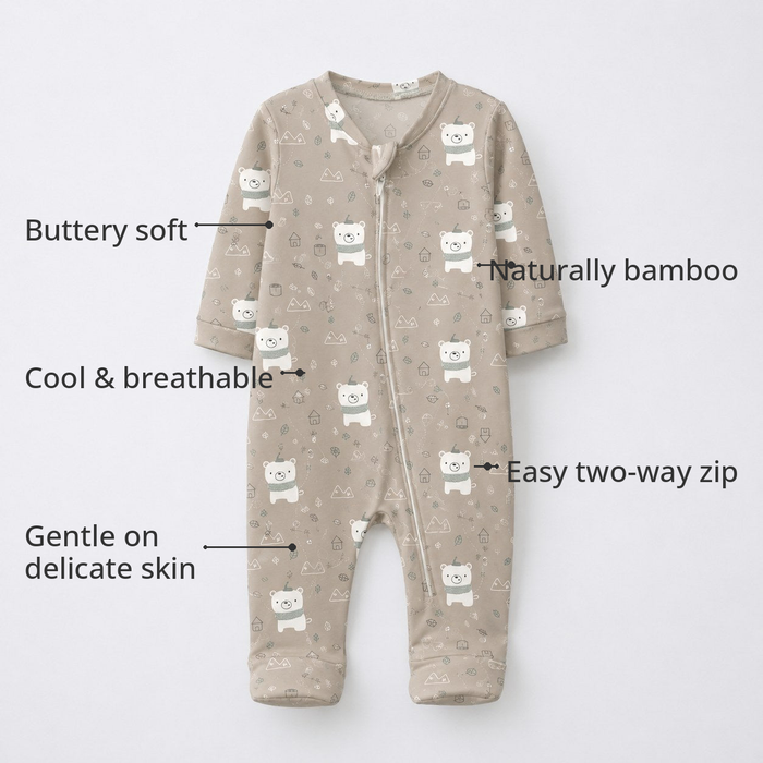 Teddy Bear Bamboo Baby Sleepsuit – Zip Romper Onesie Combo – features