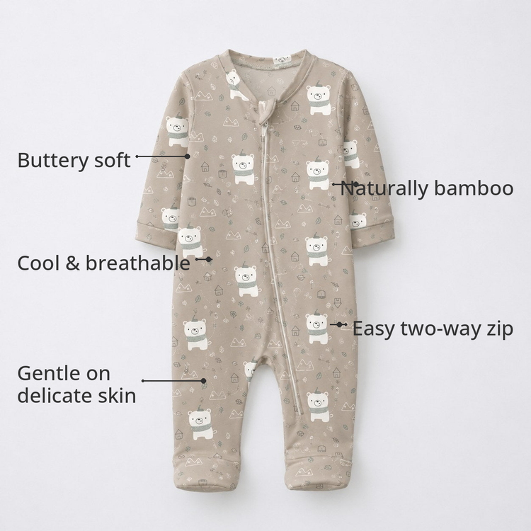 Teddy Bear Bamboo Baby Sleepsuit – Zip Romper Onesie Combo – features