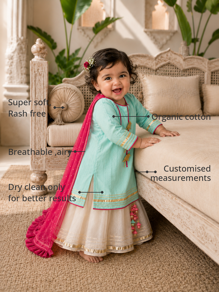Anaario Turquoise Cream Lehenga Set features - organic cotton, super soft and rash free, breathable, dry clean only, customised measurements