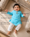 Anaario Turquoise Palm Kurta Set features - organic cotton, super soft and rash free, breathable, dry clean only, customised measurements
