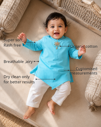 Anaario Turquoise Palm Kurta Set features - organic cotton, super soft and rash free, breathable, dry clean only, customised measurements