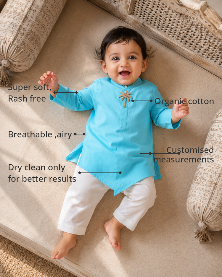 Anaario Turquoise Palm Kurta Set features - organic cotton, super soft and rash free, breathable, dry clean only, customised measurements