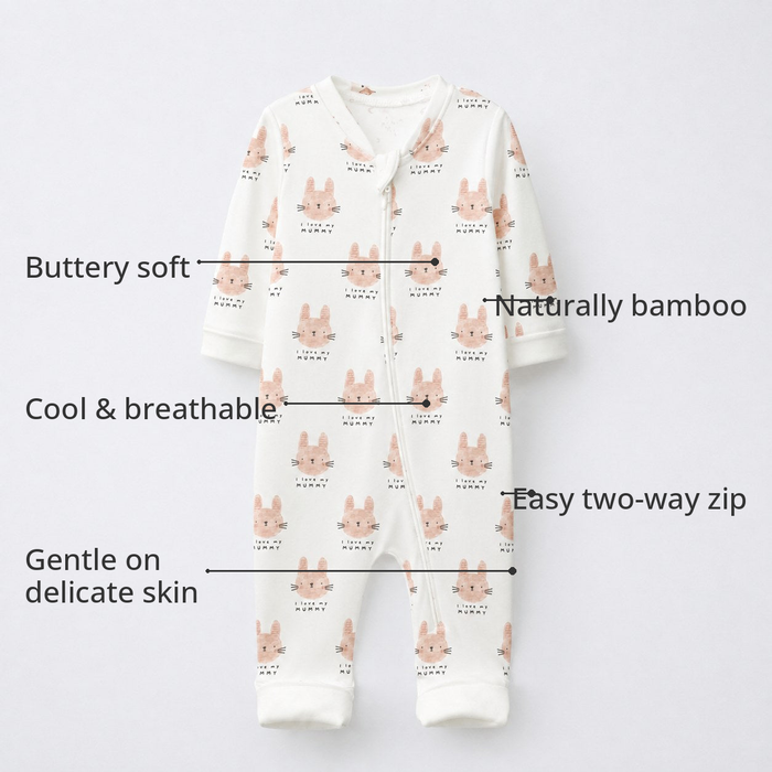 Woodland Bunny Bamboo Baby Sleepsuit – Zip Romper Onesie Combo – features