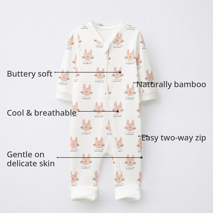 Woodland Bunny Bamboo Baby Sleepsuit – Zip Romper Onesie Combo – features