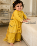 Anaario Yellow Duck Angrakha Set features - organic cotton, super soft and rash free, breathable, dry clean only, customised measurements