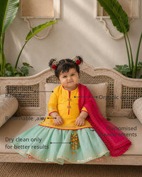 Anaario Yellow Mint Lehenga Set features - organic cotton, super soft and rash free, breathable, dry clean only, customised measurements