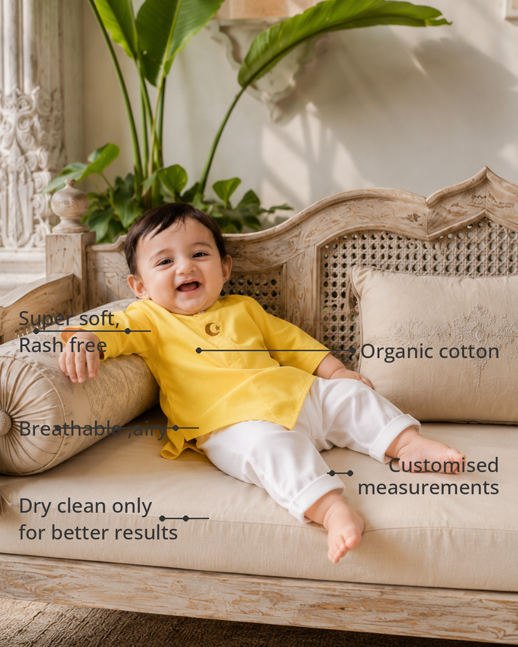 Anaario Yellow Moon-Star Kurta Set features - organic cotton, super soft and rash free, breathable, dry clean only, customised measurements